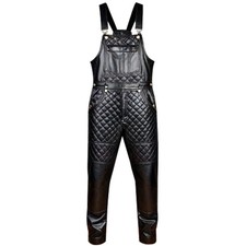 Mens Genuine Soft Leather Black Bib Overall Dungaree Jumpsuit Work-wear Uniform