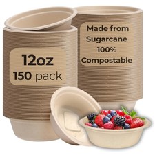 150 PCS Disposable Soup Bowls (12 oz) - Heavy Duty Plant-Based Paper Bowls, M...
