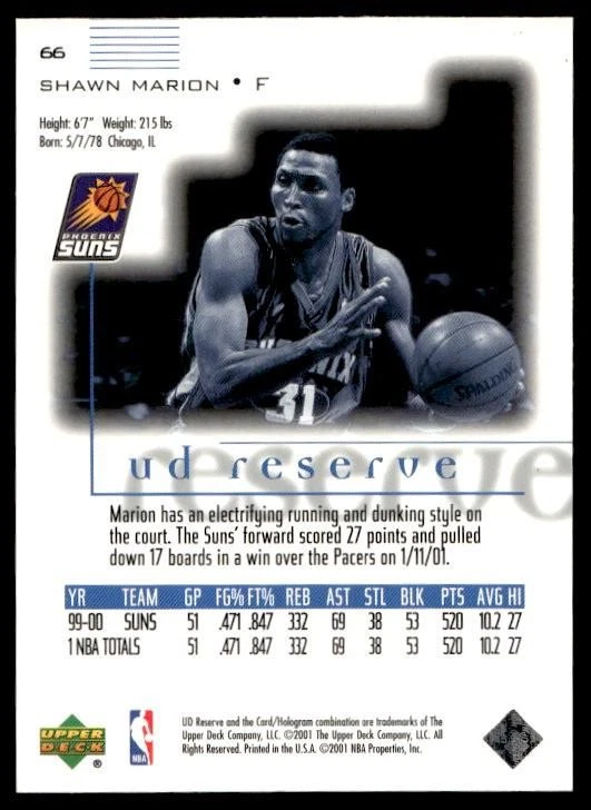 2000 UD Reserve Shawn Marion #66 Phoenix Suns - Image 2 of 2