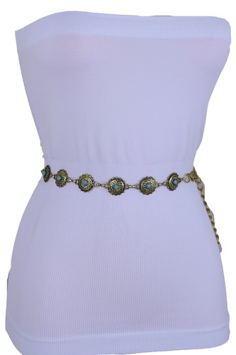 Women Western Bohemian Belt Rustic Gold Metal Chain Turquoise Flower Charm S M L - Foto 7