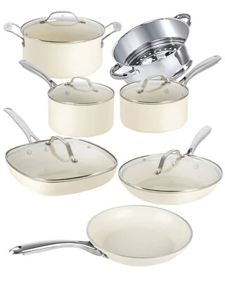 Gotham Steel Cream 12 pc Non Stick Ceramic Cookware Set with Stay Cool Handles