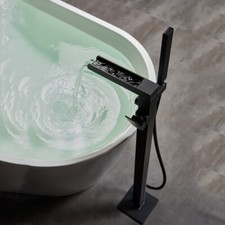 Bathroom Bath Tub Waterfall Spout Taps Mixer Floor Mount With Hand Spray Faucet