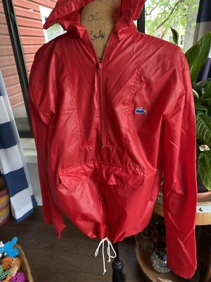 Vintage Izod Lacoste Red Nylon Pullover Windbreaker Hooded Rain