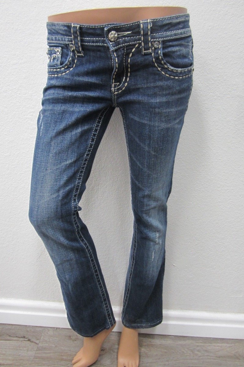 Jean Bootcut Miss Me - Taille Basse 27x29, Délavage Foncé Vieilli, Avec Cristaux