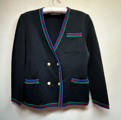 Cadeau Women Knit Double-Breasted Blazer Long Sleeve Wool Black Size 38 Pockets