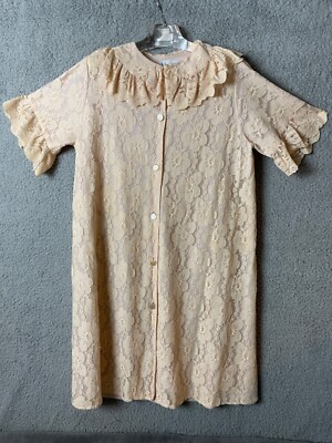 Vintage Odette Barsa Peignor Womens M Pink Cream Lace Robe Ribbon Accent VTG