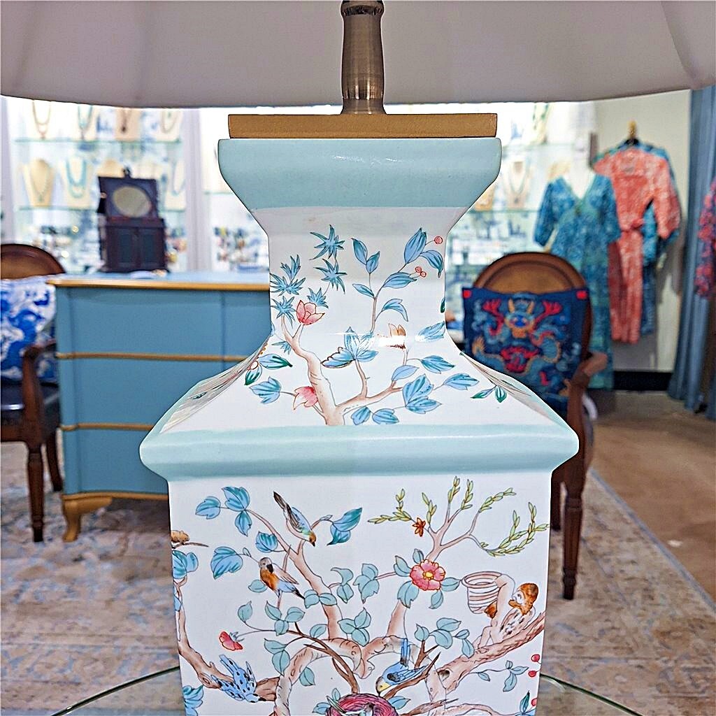 Blue, White Chinoiserie Baluster Lamp.Bronze Accents.Hand Painted.With Lampshade