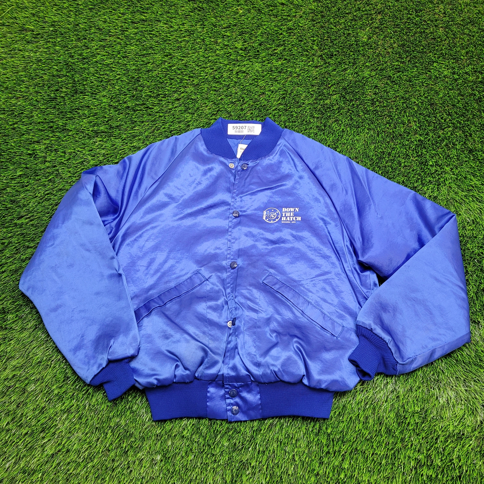 Chaqueta Bomber Vintage Años 80 King-Louie Divertida Cerveza Borracha Satén Pequeña 22x24 Azul