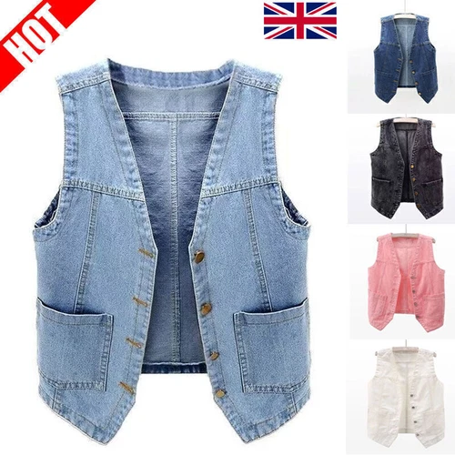 UK Classic Women Denim Waistcoat Gilet Vest Jeans Sleeveless Jacket Tops Casual - Picture 3 of 26