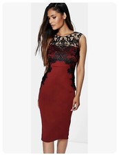 Black Lace n Berry Midi Bodycon Stretch Fitted Wedding Party Evening Dress sz 10