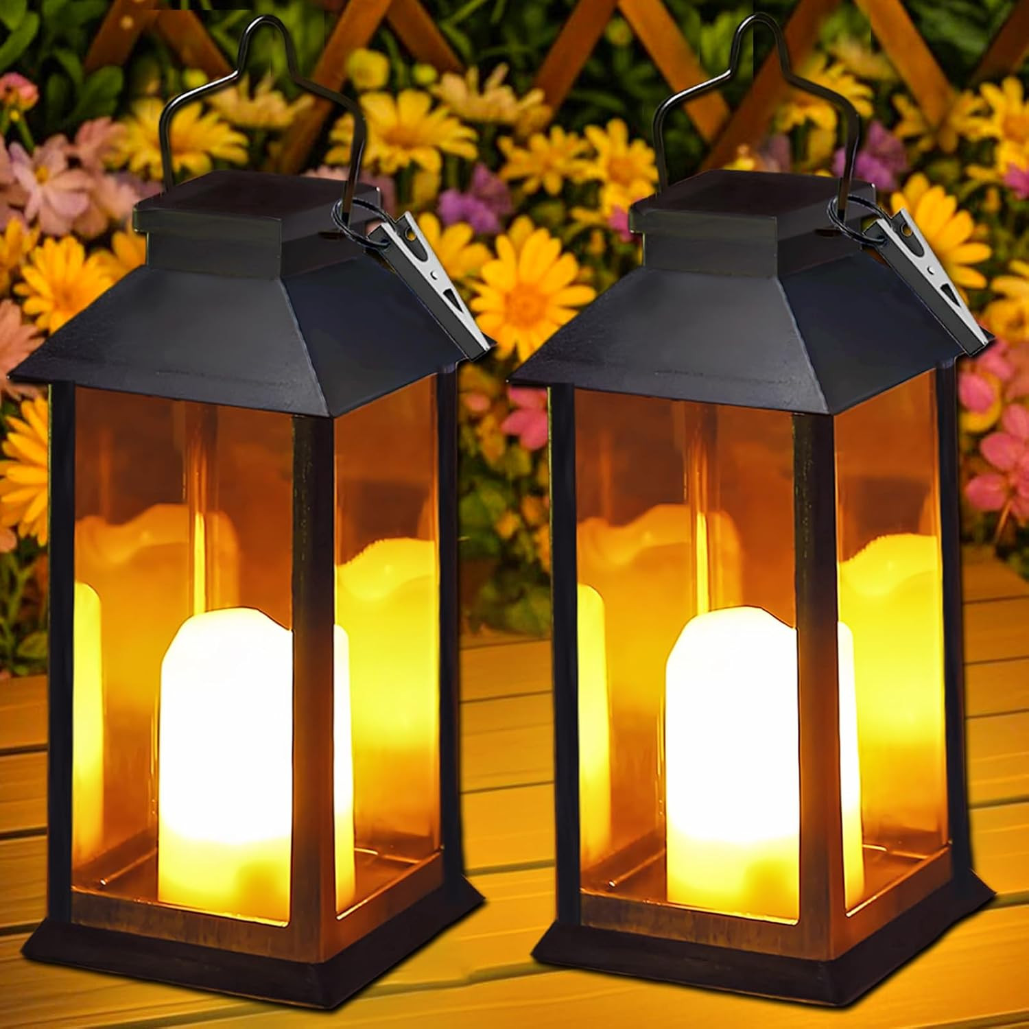 Coppia Lanterne Solari LED con Candela Effetto Fiamma - Design Esterno