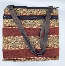 Vintage Tapestry Tote Bag Brown Floral Medallion Zip Top Boho Travel Purse
