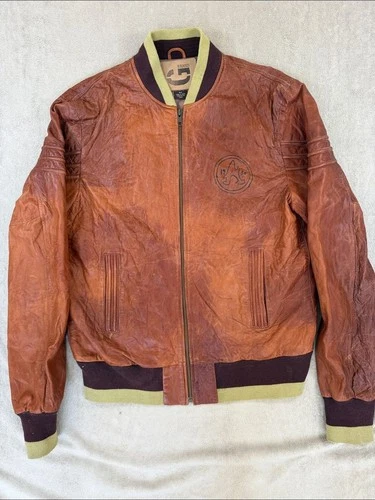 Vintage Y2K G Brand GUESS Genuine Leather Bomber Jacket Distressed Brown M - product listing photo