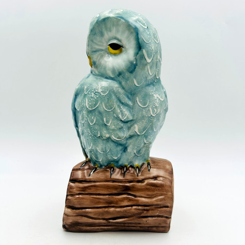 Italian Majolica Pottery Blue Barn Owl on Log Figurine 9.5 inch MCM Vintage