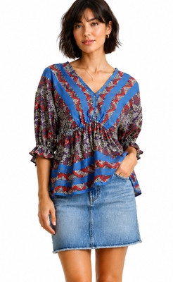 New UMGEE M 8 10 Blue Paisley Balloon Dolman Sleeves Back String Tie Top