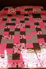 Handmade Pink, Brown, White Hearts Block Patchwork Quilt, Twin Sized Blanket