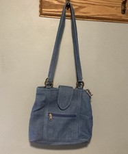 Blue Denim Tote Double Top Handle Purse Bag Zip Close Pockets T E Charm