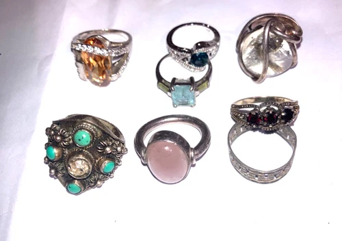 JOB LOTS 7 RARE MIX RINGS VINTAGE MODERN BLING GEMS SHINY 925 SILVER 1 GOLD TONE