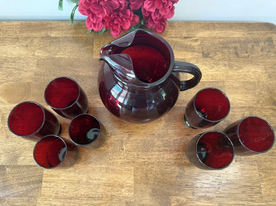 Vintage Anchor Hocking Ruby Red Glass Pitcher and Glasses Set Royal Ruby - Image 3 of 4