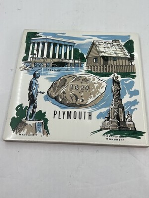 Ceramic TRIVET Souvenir PLYMOUTH Mass. 1960s Screen Craft Mfg. Logo 1620 Rock