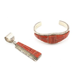Signed Southwest Sterling Spiny Oyster Cuff Bracelet & Pendant Lot of 2 #S4557 1