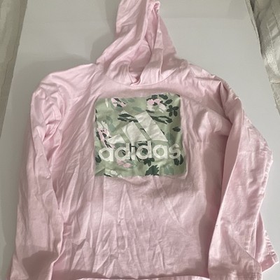 adidas Women s L Loose Fit Pink Pullover Hoodie Floral Logo Graphic Print