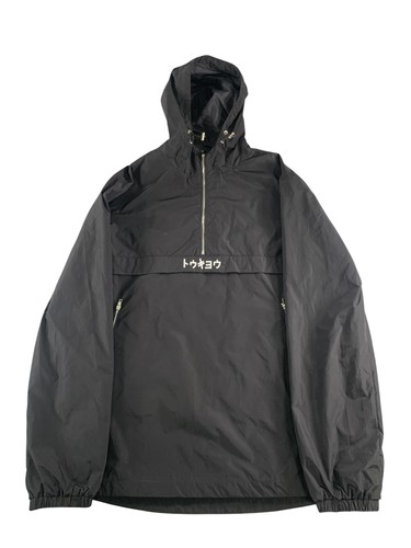 Global Jacket Mens Medium Black Tokyo Hooded Anorak Nylon Zip Pockets Graphic