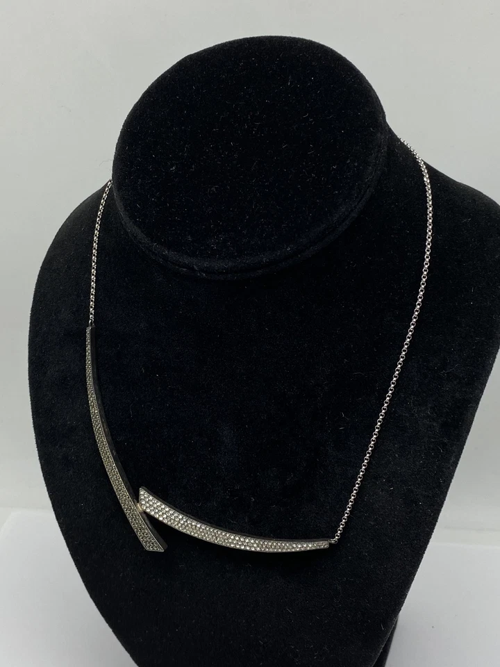 Sterling Silver Clear Crystal & Marcasite Curved Bar Pendant Necklace 14.4 - Image 3 of 4