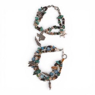 2 VINTAGE SOUTHWESTERN TURQUOISE BEADED CHARM BRACELET LOT STERLING SILVER