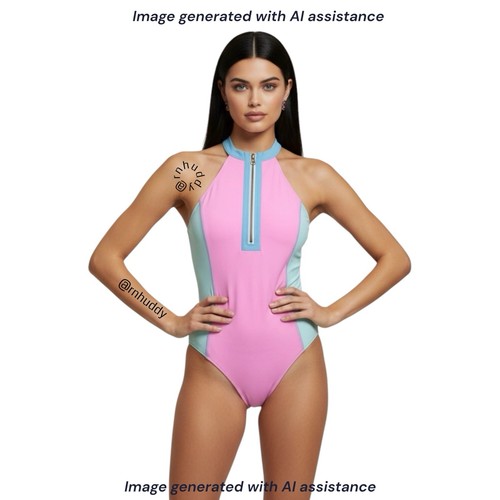 Hurley x LoveShackFancy S color block front zip swimsuit $150 retail