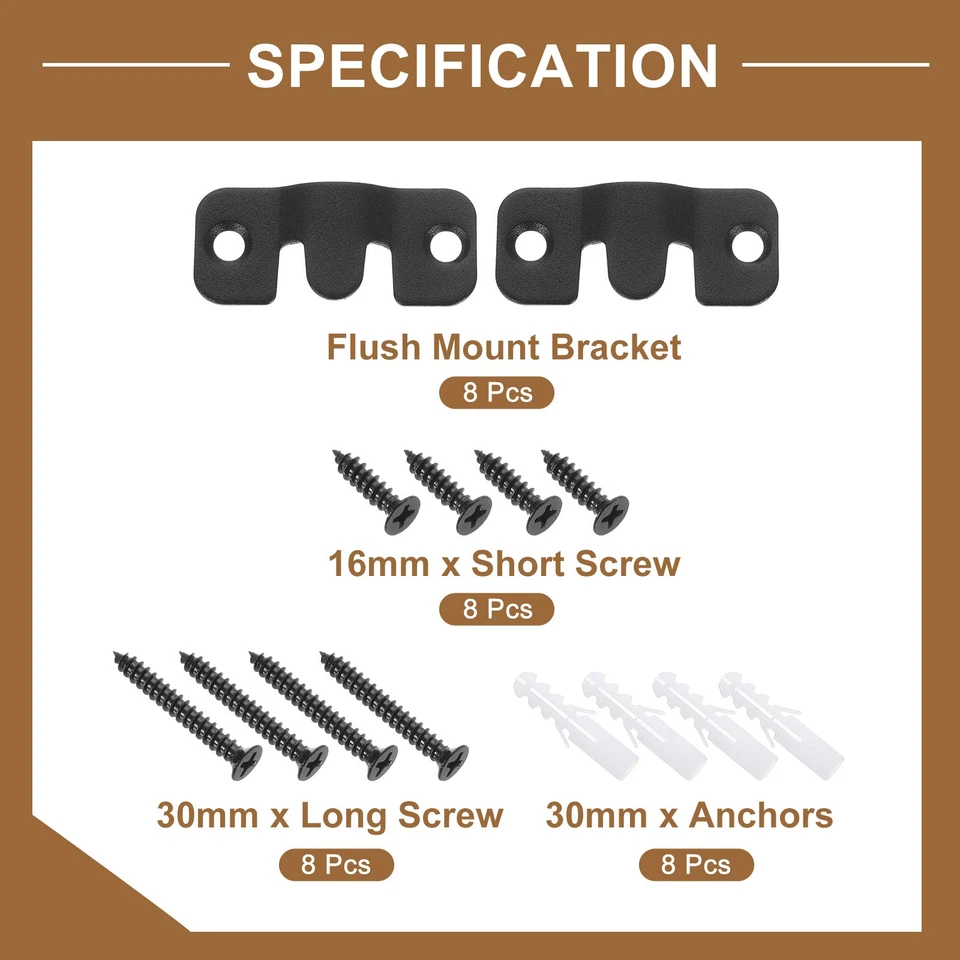 4 Pairs Flush Mount Bracket, 44x19mm Picture Hanger with Screw Anchors, Black - Image 3 of 4