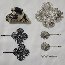 7pc Black Silver Rhinestone Hair Clips 6 Barrettes 1 Hair Clip Hair Accessories
