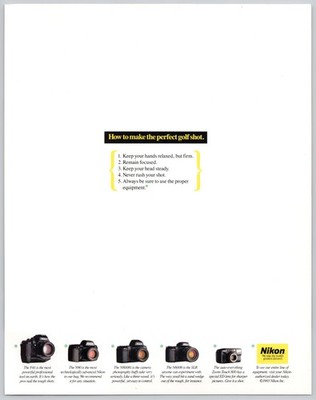 Nikon Cameras SLR Zoom-Touch Photography Golf Humor 1993 Vintage Print Ad