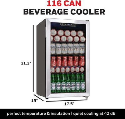 Honeywell 115 Can Beverage Refrigerator Mini Fridge with Glass