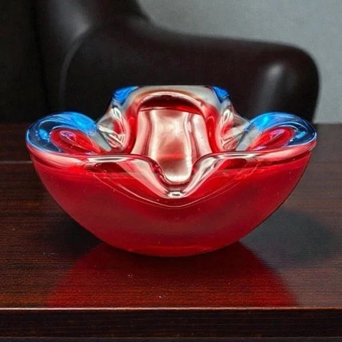 Murano Red Blue Sommerso Geode Bowl Triform Ashtray Art Glass MCM Italy Vtg
