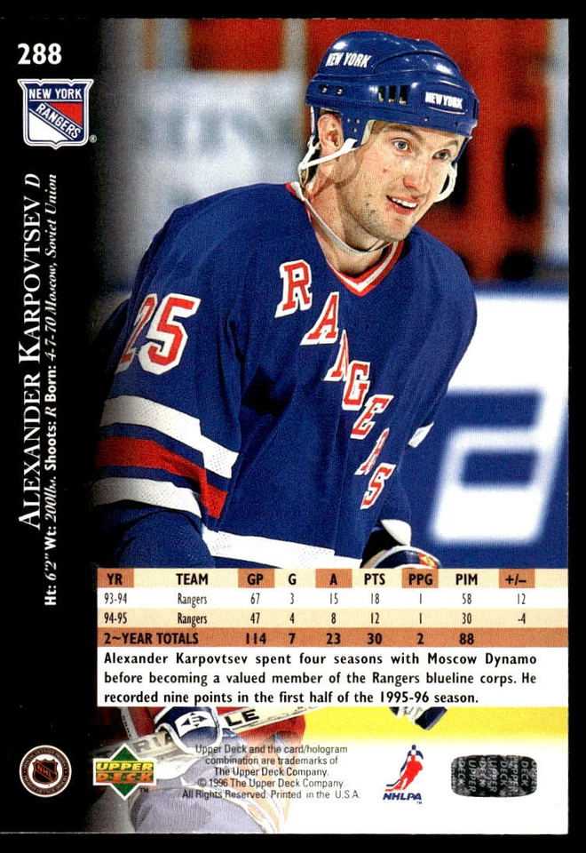 1995-96 Upper Deck #288 Alexander Karpovtsev New York Rangers Electric Ice Card - Image 2 of 2