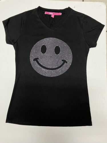 Girls Black Short Sleeve w/ Sparkly Smiley Emoji T-Shirt Sz 16 slim - Picture 10 of 10