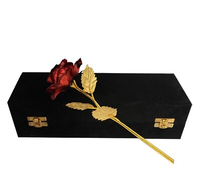 Red Rose with Golden Leaf with Black Gift Box