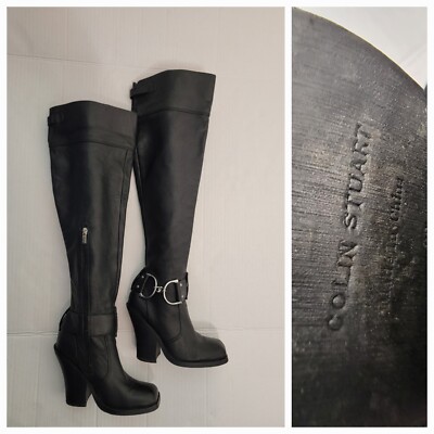 Colin Stuart Over The Knee Heel Boots 6B Leather Square Toe Silver Buckle Tall