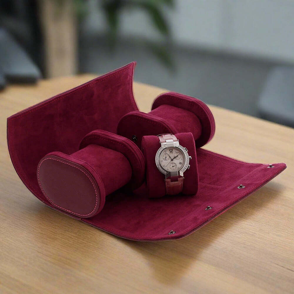Premium Ladies Watch Roll Claret Red Saffiano Leather with Soft
