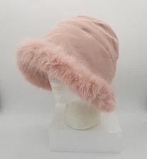 Pink Faux Fur Trim Fisherman Bucket Cloche Hat Warm Winter Sherpa