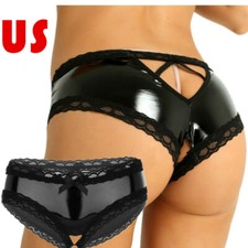 US Women Wet Look Patent Leather Lace Panties Crotchless Thongs Briefs Underwear