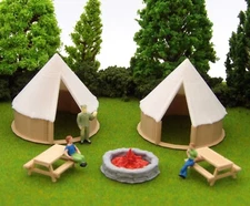Yurt Tent Camping - HO Scale Scenery, 2 Tents, 2 Picnic Tables and Fire Pit