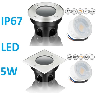 LED Bodeneinbaustrahler IP67 Edelstahl 230V 5W Garten Terrassen Bodenleuchte