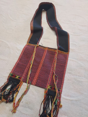 Vintage ethnic artisan handcrafted loomed woven crossbody shoulder bag fringe