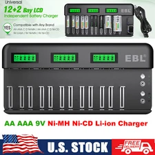 12+2 Bay LCD Battery Charger for AA AAA C D 9V Li-ion Ni-MH Ni-CD (AC Power)