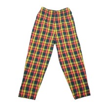Vintage 70s Green Red Yellow Plaid Wool High Rise Straight Leg Pants 25"
