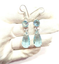Blue Aquamarine Gemstone Handmade 925 Sterling Silver Jewelry Earring Size-2.4"