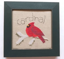 Charming Red Cardinal Framed Completed Cross Stitch Art Bird in Snow Folk Art