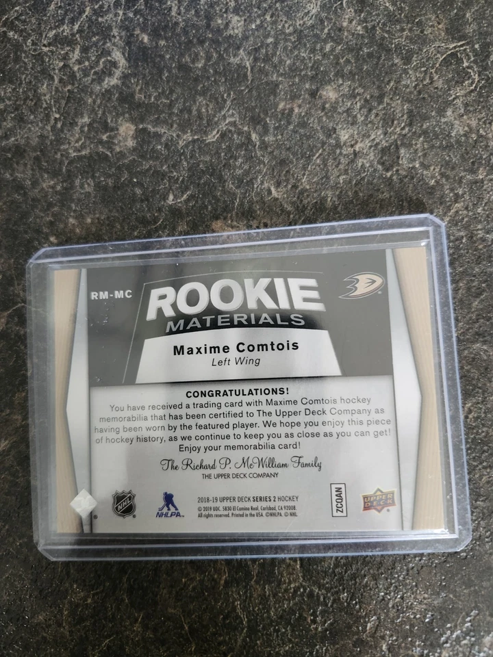 2018-19 Upper Deck Series 2 Rookie Materials Maxime Comtois Card# RM-MC - Image 2 of 2